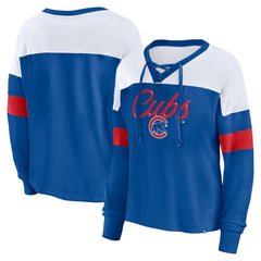 Chicago Cubs Fanatics Women's Even Match Lace-Up Long Sleeve V-Neck T-Shirt - Royal/White - Fanatics Lifestyle
