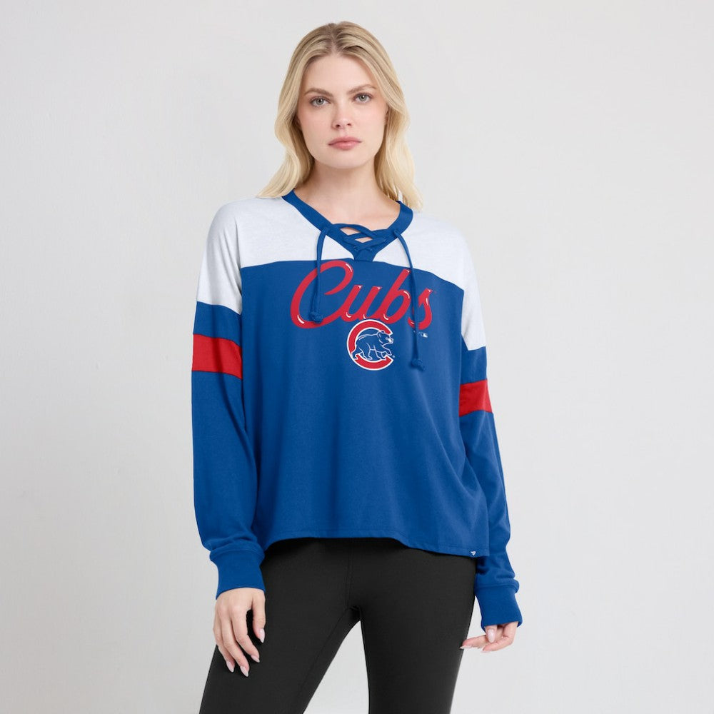 Chicago Cubs Fanatics Women's Even Match Lace-Up Long Sleeve V-Neck T-Shirt - Royal/White - Fanatics Lifestyle