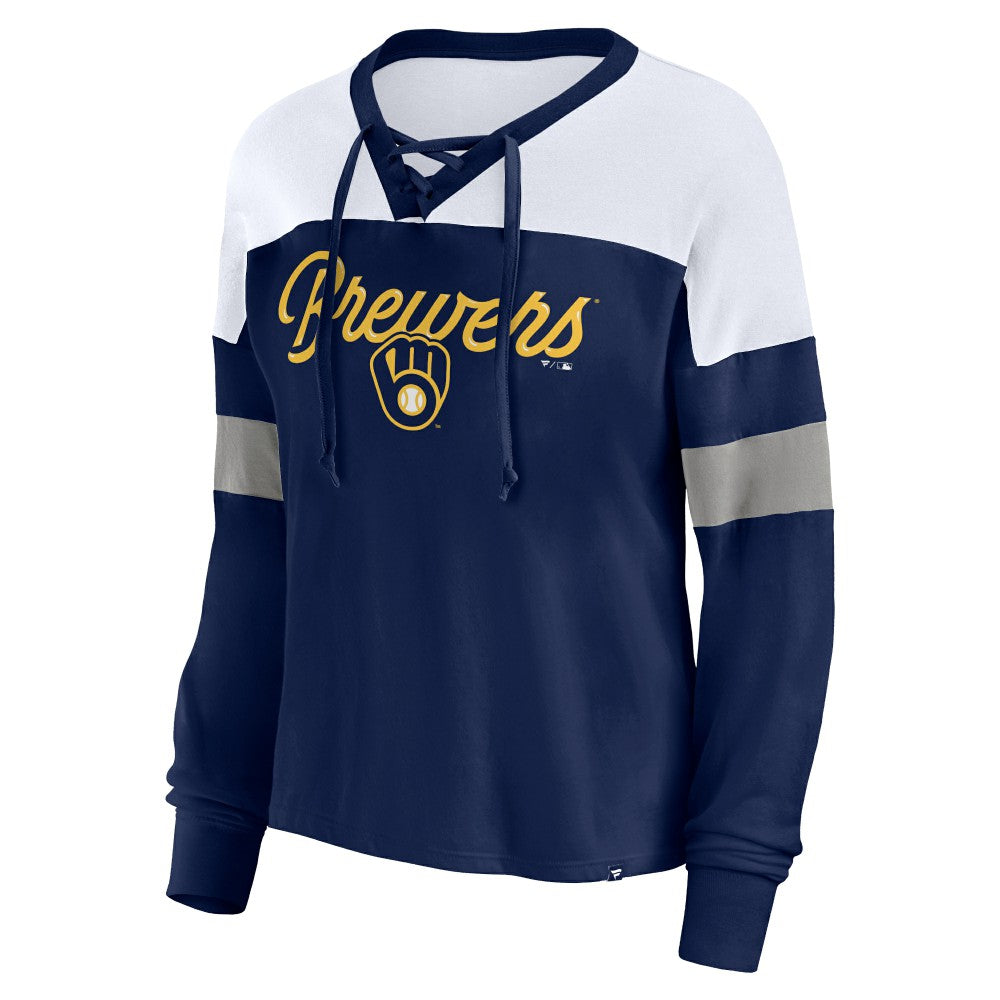 Milwaukee Brewers Fanatics Women's Even Match Lace-Up Long Sleeve V-Neck T-Shirt - Navy/White - Fanatics Online
