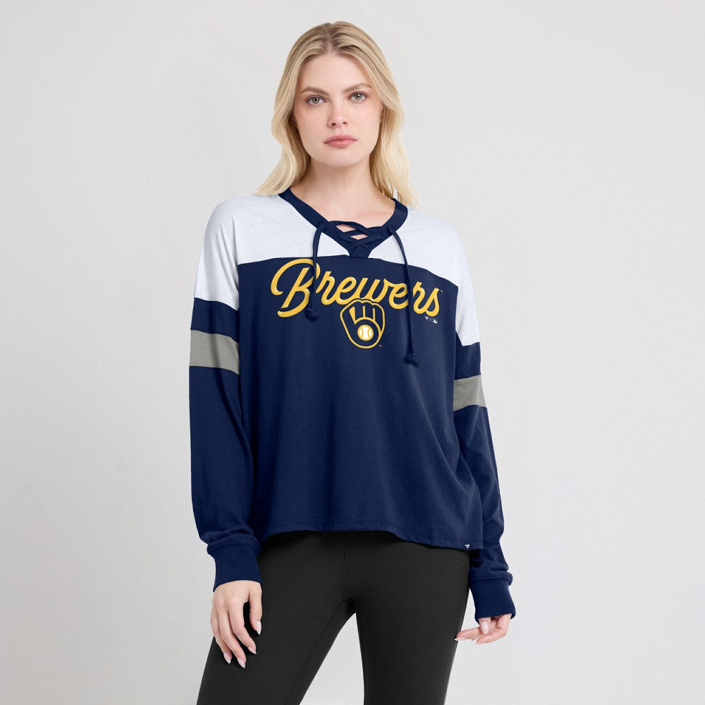 Milwaukee Brewers Fanatics Women's Even Match Lace-Up Long Sleeve V-Neck T-Shirt - Navy/White - Fanatics Online