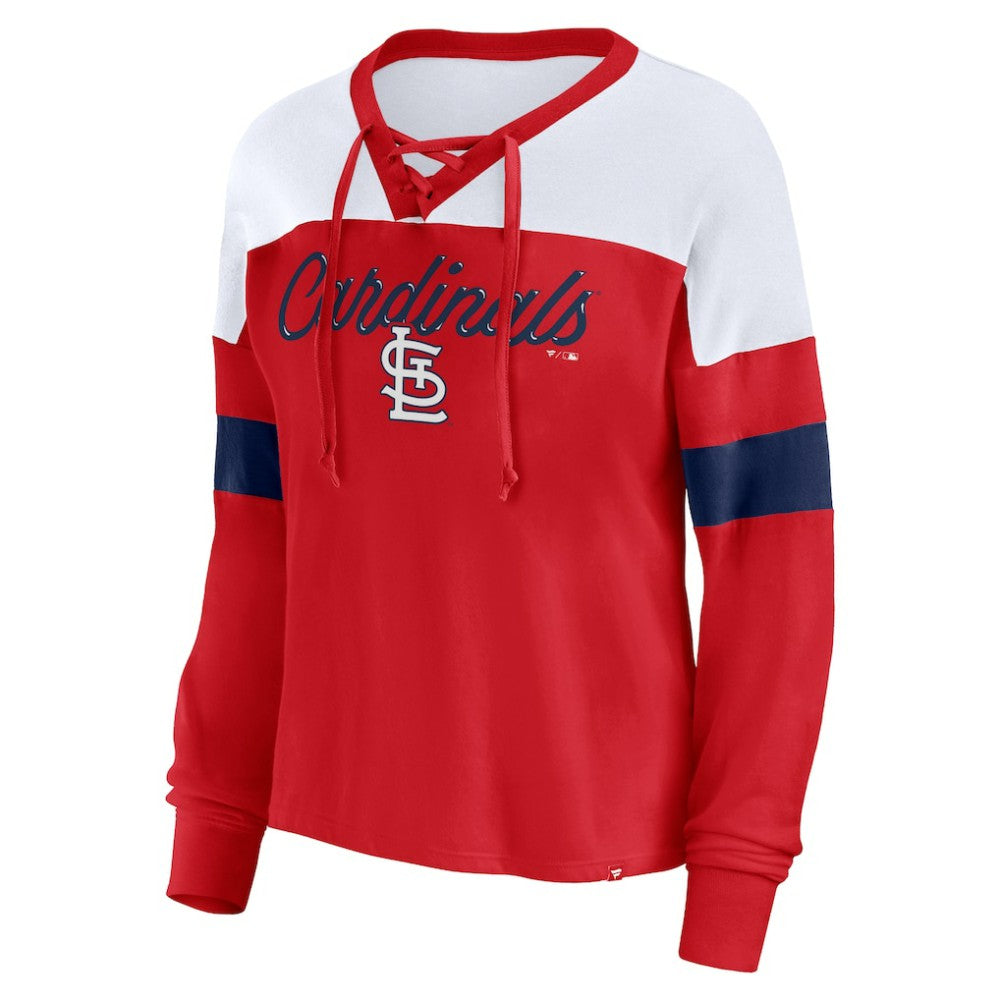 St. Louis Cardinals Fanatics Women's Even Match Lace-Up Long Sleeve V-Neck T-Shirt - Red/White - Fanatics Lifestyle