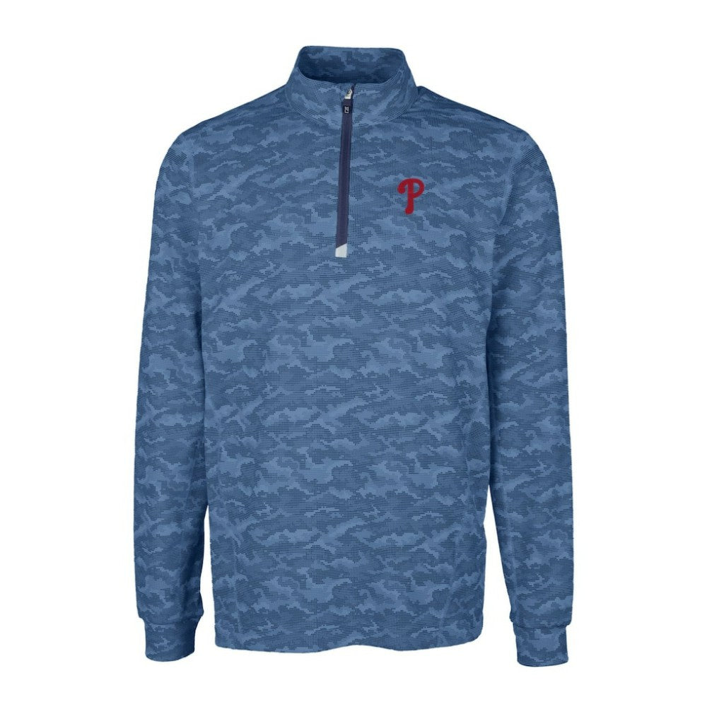 Philadelphia Phillies Cutter & Buck Traverse Camo Print Stretch Quarter-Zip Pullover Top - Navy - MLB Lifestyle