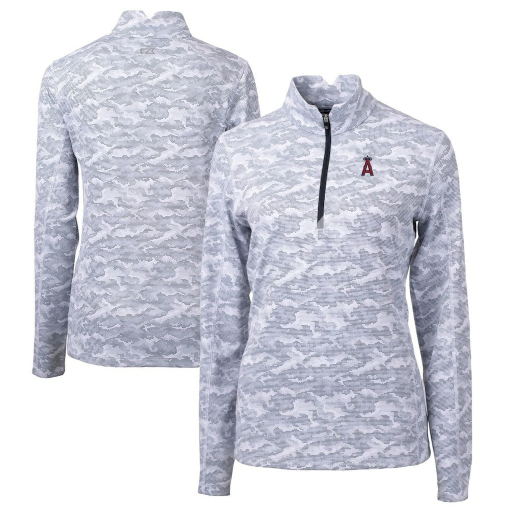 Los Angeles Angels Cutter & Buck Women's Traverse Camo Print Stretch Quarter-Zip Pullover Top - Charcoal - MLB Lifestyle