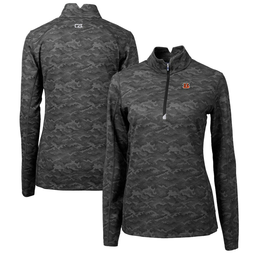 Cincinnati Bengals Cutter & Buck Women's Traverse Camo Print Stretch Quarter-Zip Pullover Top Black