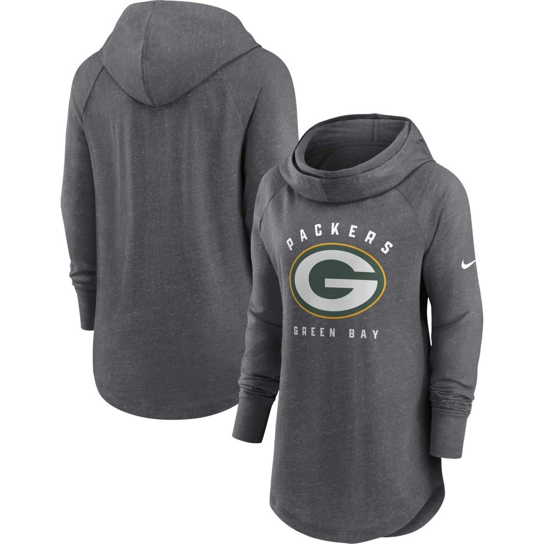 Nike Green Bay Packers Women's Raglan Funnel Neck Pullover Hoodie Heather Charcoal