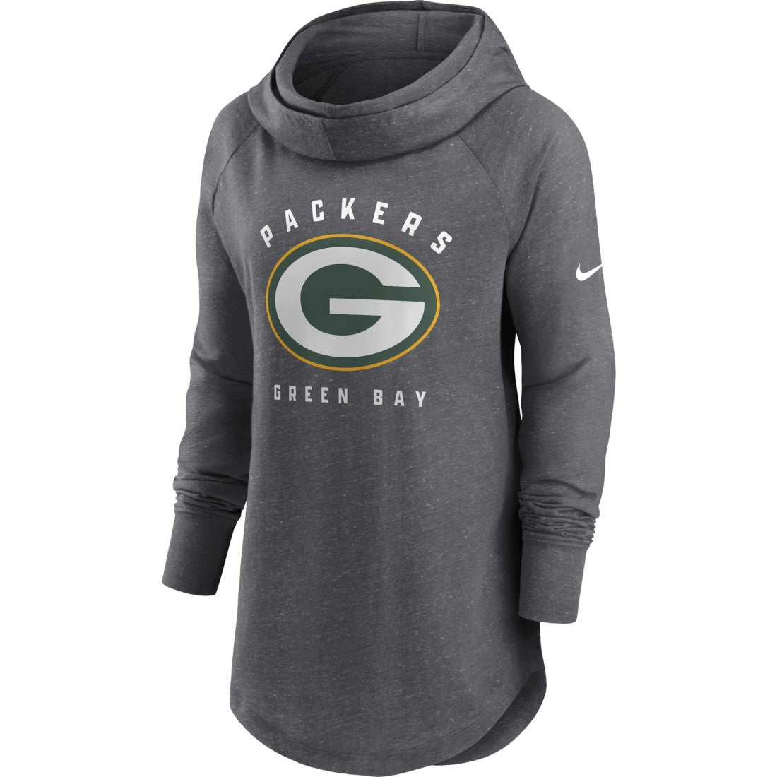 Nike Green Bay Packers Women's Raglan Funnel Neck Pullover Hoodie Heather Charcoal