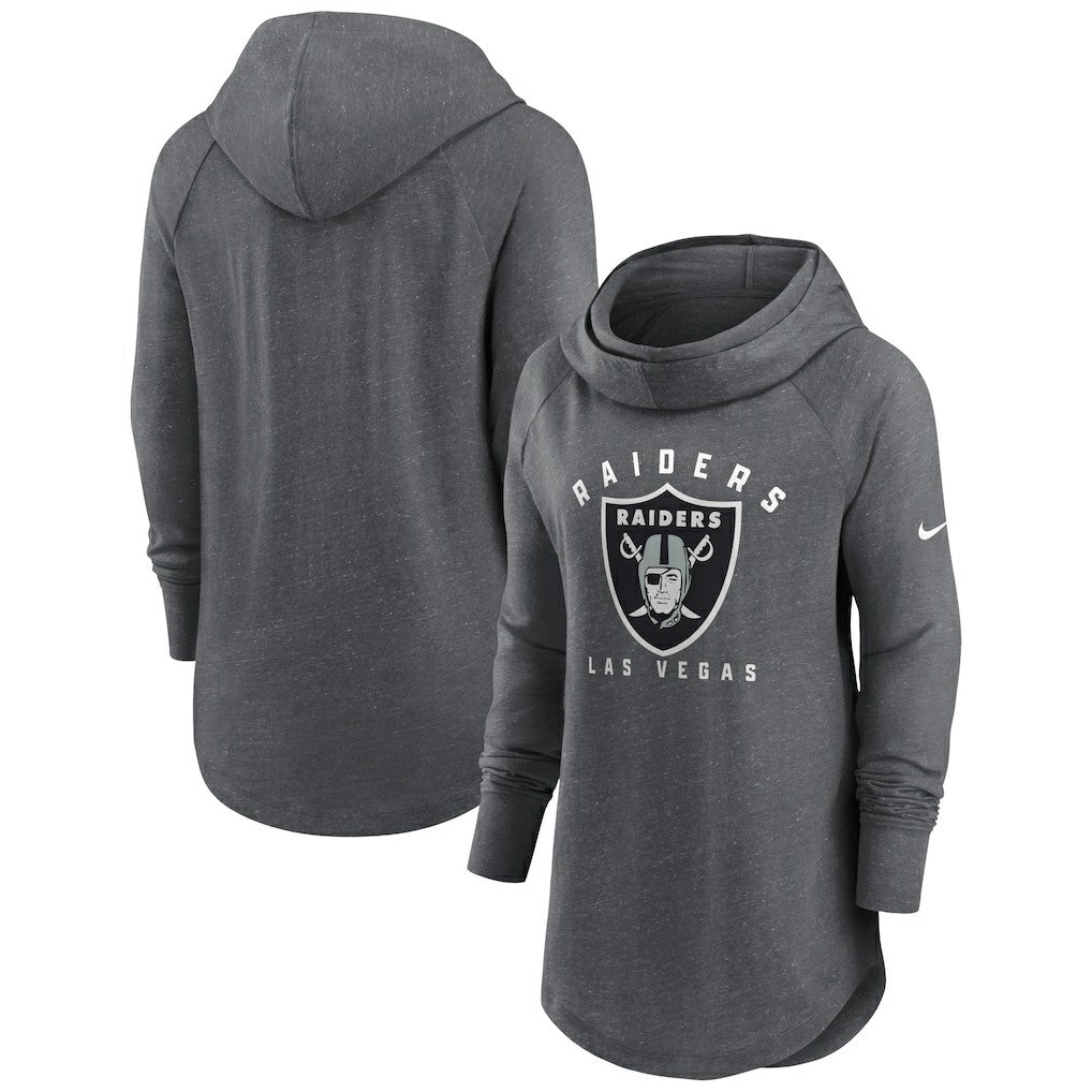 Nike Las Vegas Raiders Women's Raglan Funnel Neck Pullover Hoodie Heather Charcoal