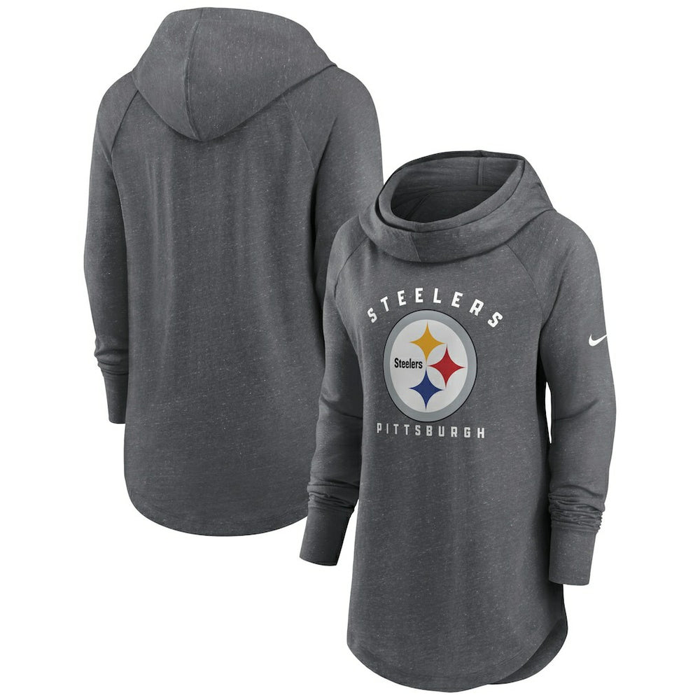 Nike Pittsburgh Steelers Women's Raglan Funnel Neck Pullover Hoodie Heather Charcoal