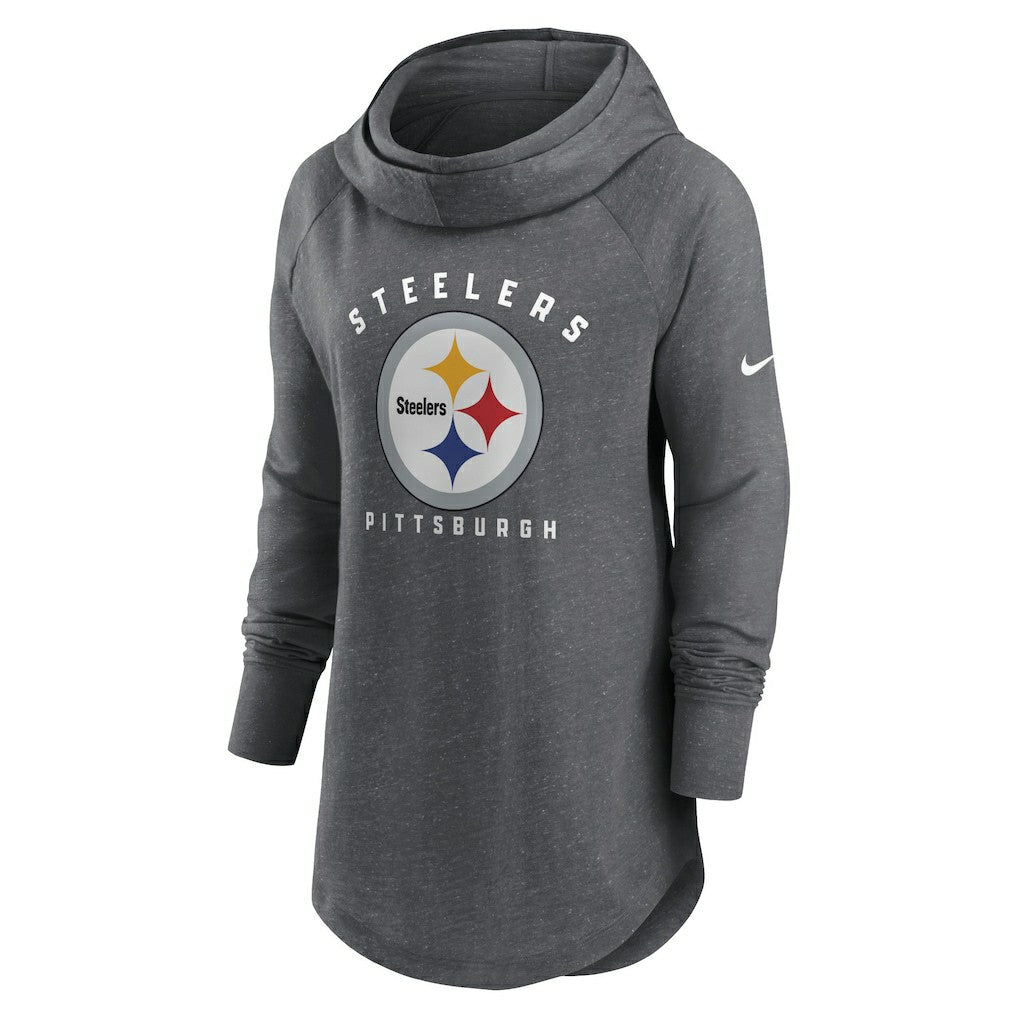 Nike Pittsburgh Steelers Women's Raglan Funnel Neck Pullover Hoodie Heather Charcoal