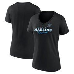 Miami Marlins Women's Back In Business V-Neck T-Shirt - Black - MLB Discount