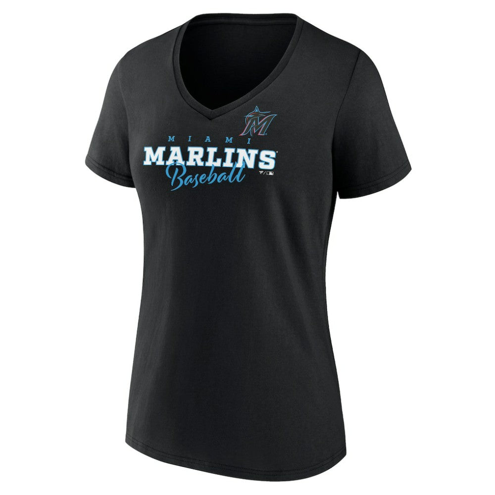 Miami Marlins Women's Back In Business V-Neck T-Shirt - Black - MLB Discount