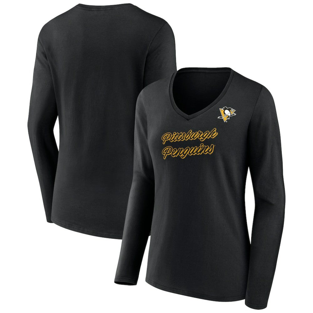 Pittsburgh Penguins Women's Forge Long Sleeve V-Neck T-Shirt - Black - NHL 5060156