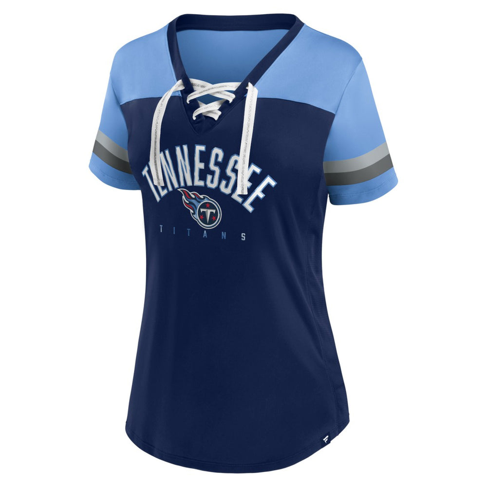 Fanatics Tennessee Titans Women's Blitz & Glam Lace-Up V-Neck Jersey T-Shirt Navy/Light Blue