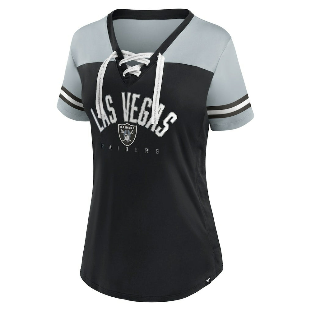 Fanatics Las Vegas Raiders Women's Blitz & Glam Lace-Up V-Neck Jersey T-Shirt Black/Silver