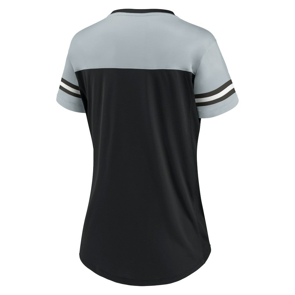 Fanatics Las Vegas Raiders Women's Blitz & Glam Lace-Up V-Neck Jersey T-Shirt Black/Silver
