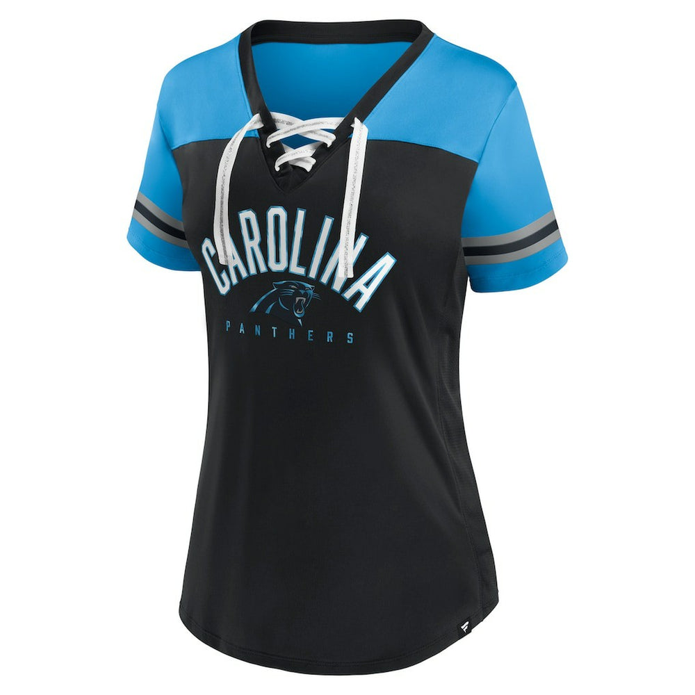 Fanatics Carolina Panthers Women's Blitz & Glam Lace-Up V-Neck Jersey T-Shirt Black/Blue