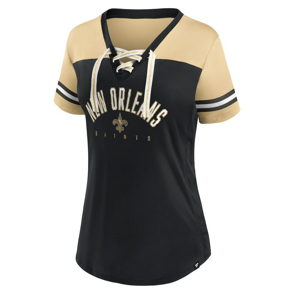 Fanatics New Orleans Saints Women's Blitz & Glam Lace-Up V-Neck Jersey T-Shirt Black/Vegas Gold