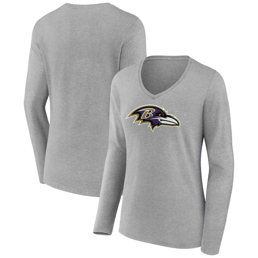 Baltimore Ravens Women's Primary Team Logo Long Sleeve V-Neck T-Shirt Heather Gray