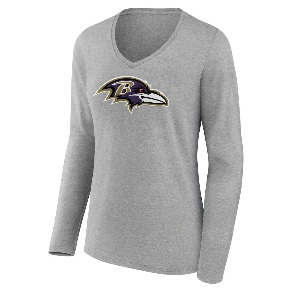 Baltimore Ravens Women's Primary Team Logo Long Sleeve V-Neck T-Shirt Heather Gray