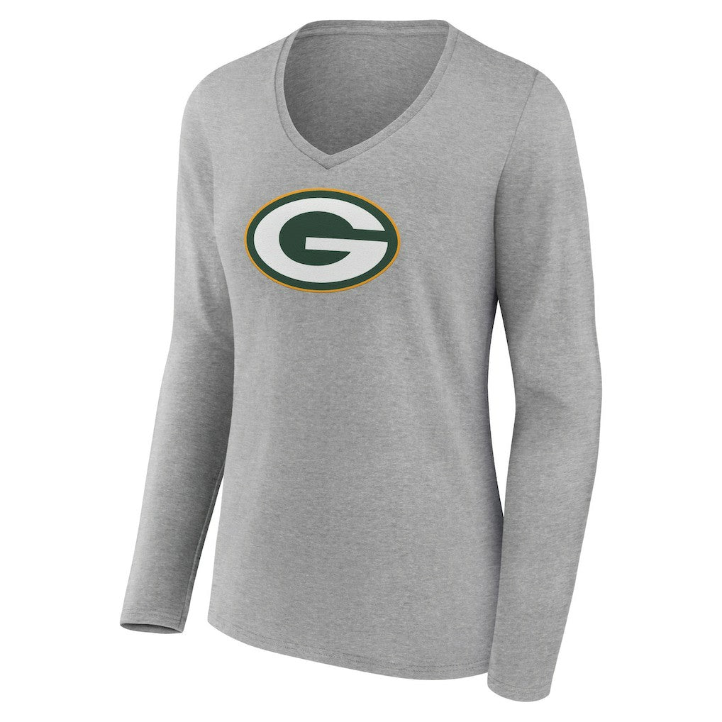 Green Bay Packers Women's Primary Team Logo Long Sleeve V-Neck T-Shirt Heather Gray