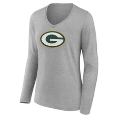 Green Bay Packers Women's Primary Team Logo Long Sleeve V-Neck T-Shirt Heather Gray