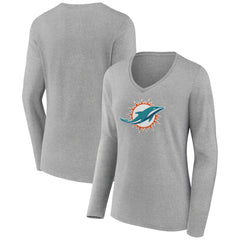 Miami Dolphins Women's Primary Team Logo Long Sleeve V-Neck T-Shirt Heather Gray