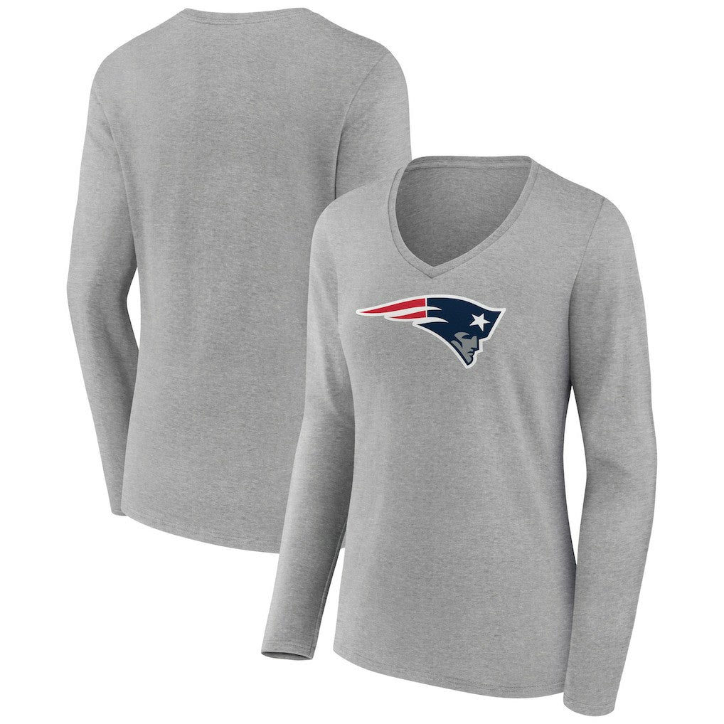 New England Patriots Women's Primary Team Logo Long Sleeve V-Neck T-Shirt Heather Gray