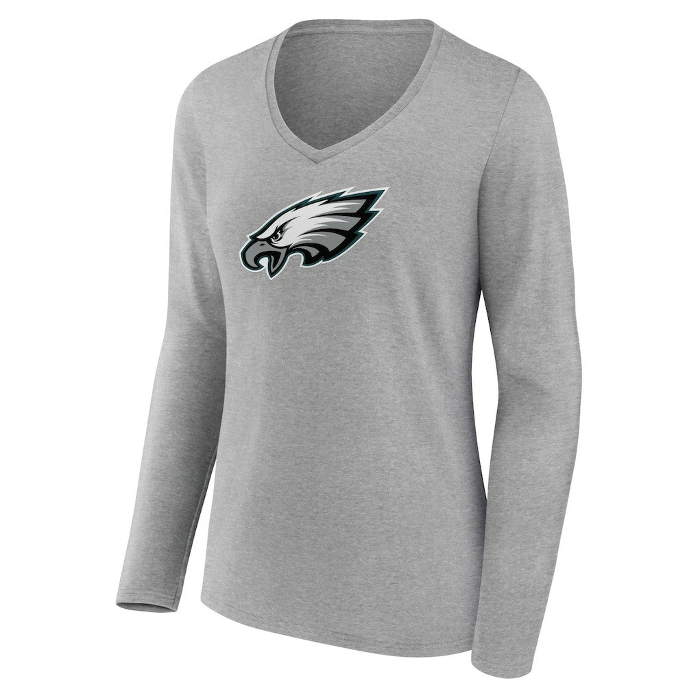 Philadelphia Eagles Women's Primary Team Logo Long Sleeve V-Neck T-Shirt Heather Gray