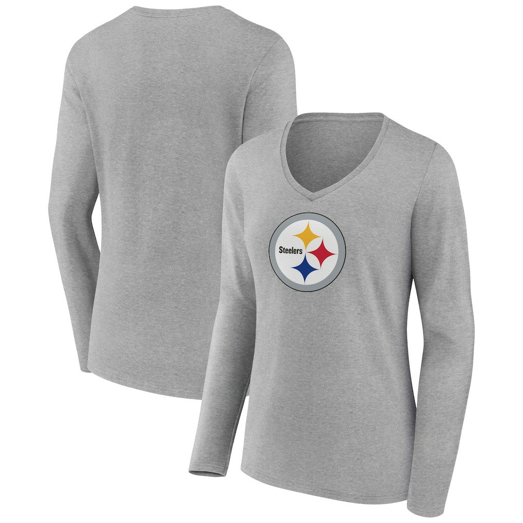 Pittsburgh Steelers Women's Primary Team Logo Long Sleeve V-Neck T-Shirt Heather Gray