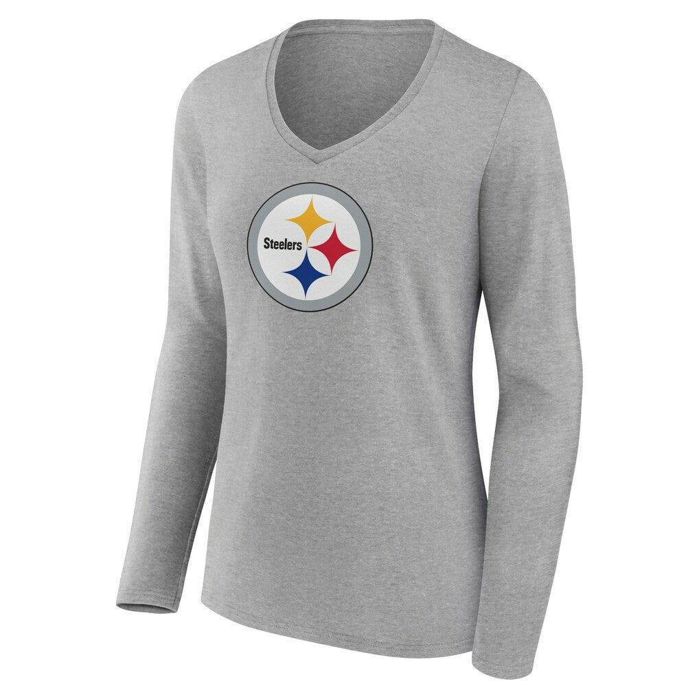 Pittsburgh Steelers Women's Primary Team Logo Long Sleeve V-Neck T-Shirt Heather Gray