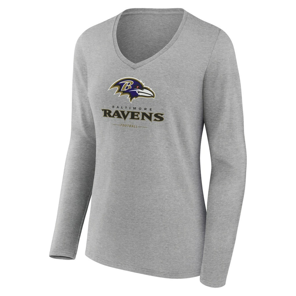 Baltimore Ravens Women's Logo Team Lockup Long Sleeve V-Neck T-Shirt Heather Gray