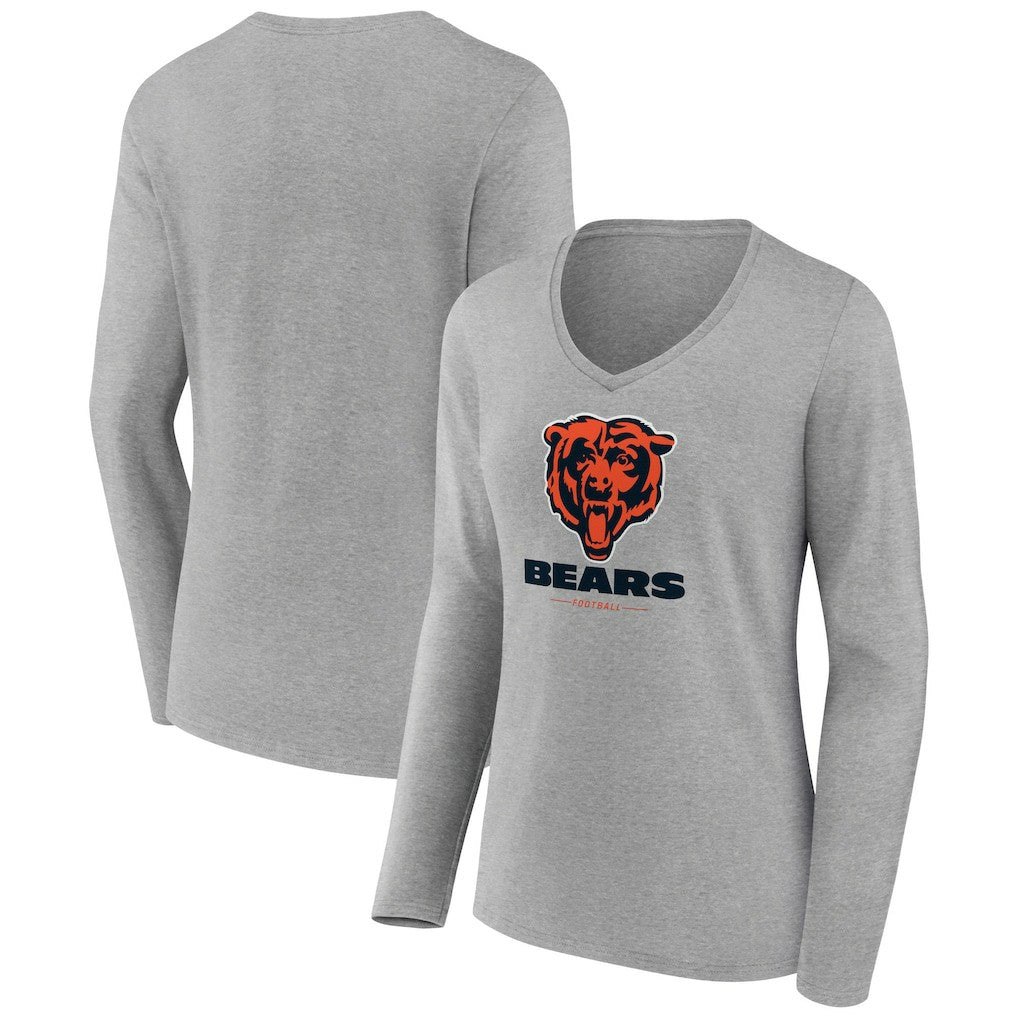Chicago Bears Women's Logo Team Lockup Long Sleeve V-Neck T-Shirt Heather Gray