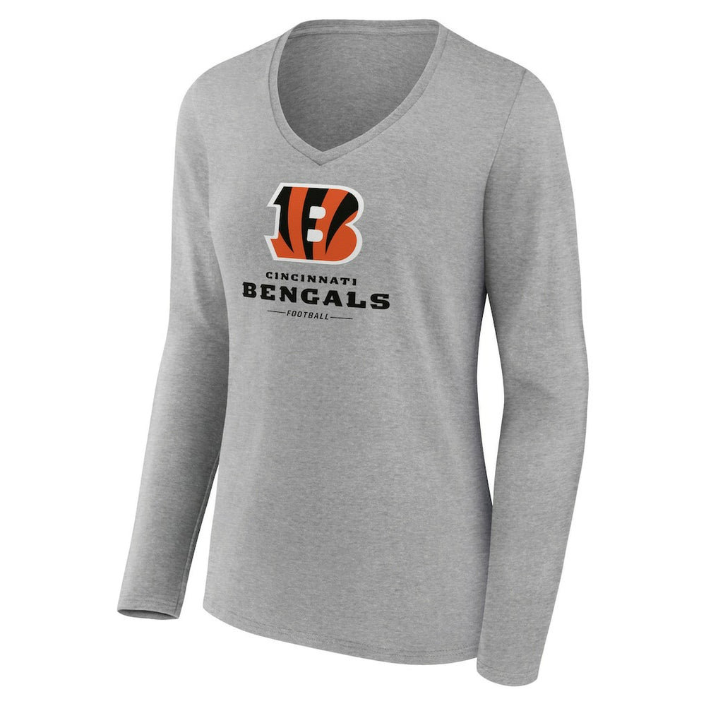 Cincinnati Bengals Women's Logo Team Lockup Long Sleeve V-Neck T-Shirt Heather Gray