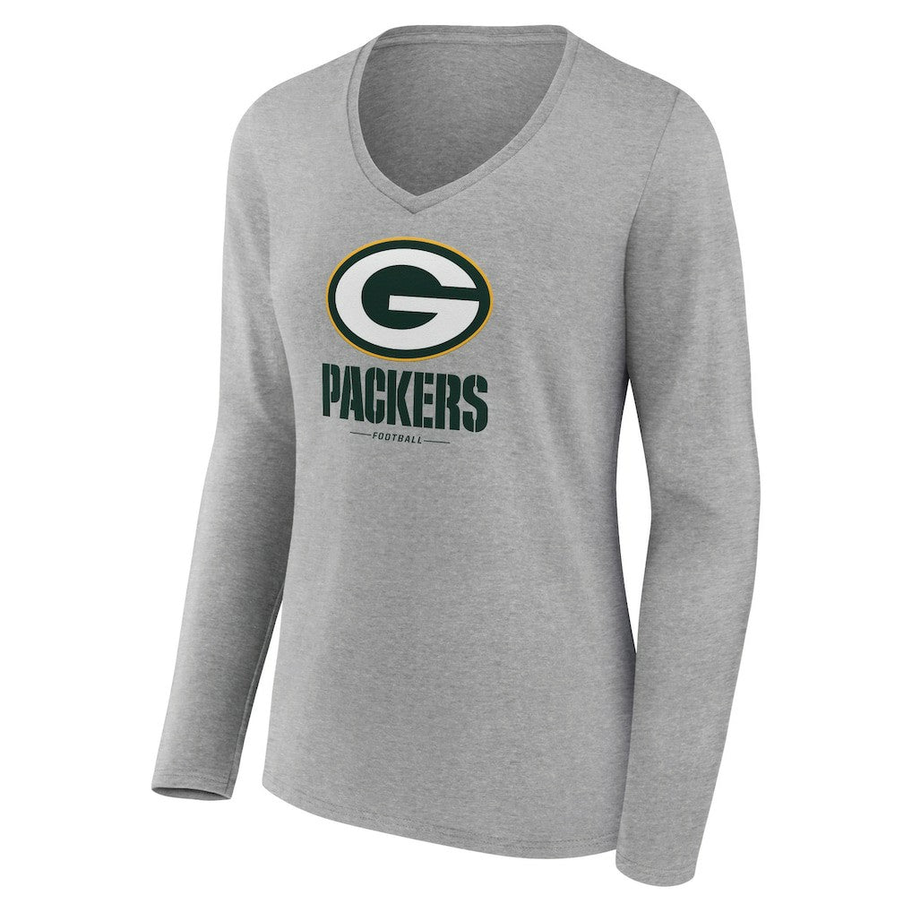 Green Bay Packers Women's Logo Team Lockup Long Sleeve V-Neck T-Shirt Heather Gray