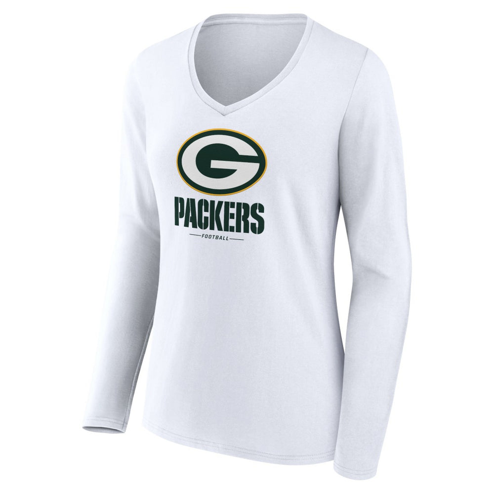 Green Bay Packers Women's Logo Team Lockup Long Sleeve V-Neck T-Shirt White