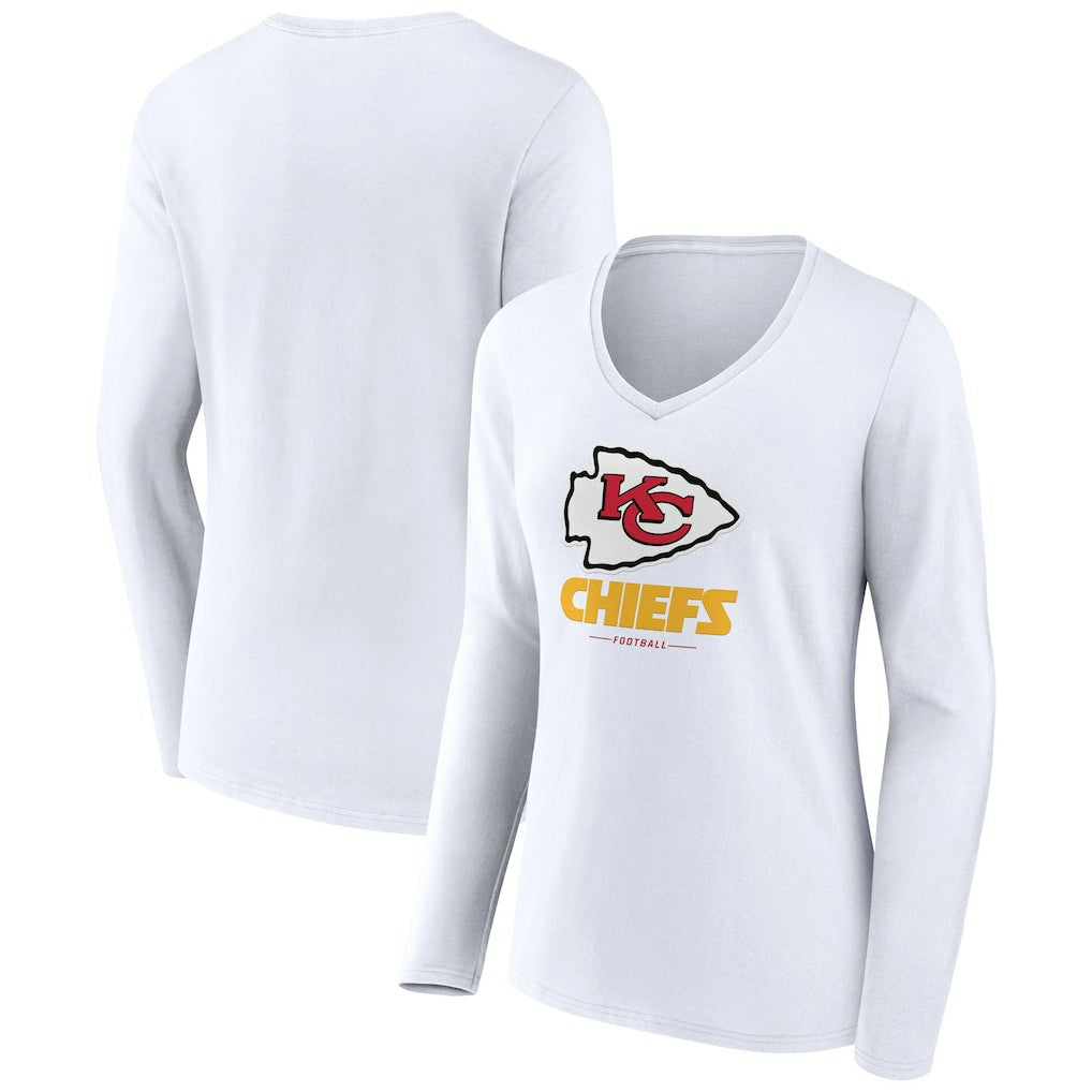 Kansas City Chiefs Women's Logo Team Lockup Long Sleeve V-Neck T-Shirt White