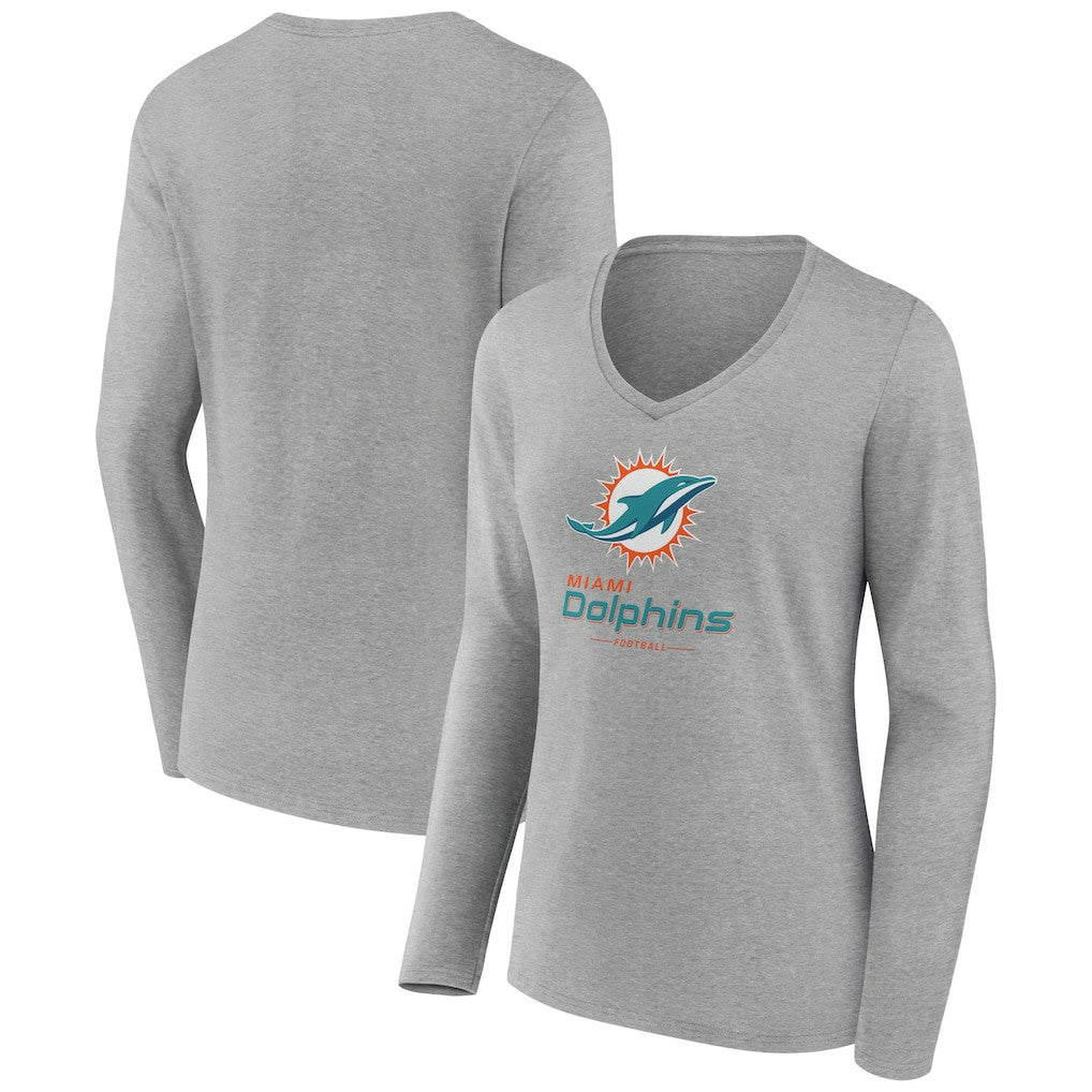 Miami Dolphins Women's Logo Team Lockup Long Sleeve V-Neck T-Shirt Heather Gray
