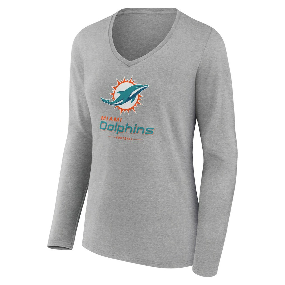 Miami Dolphins Women's Logo Team Lockup Long Sleeve V-Neck T-Shirt Heather Gray