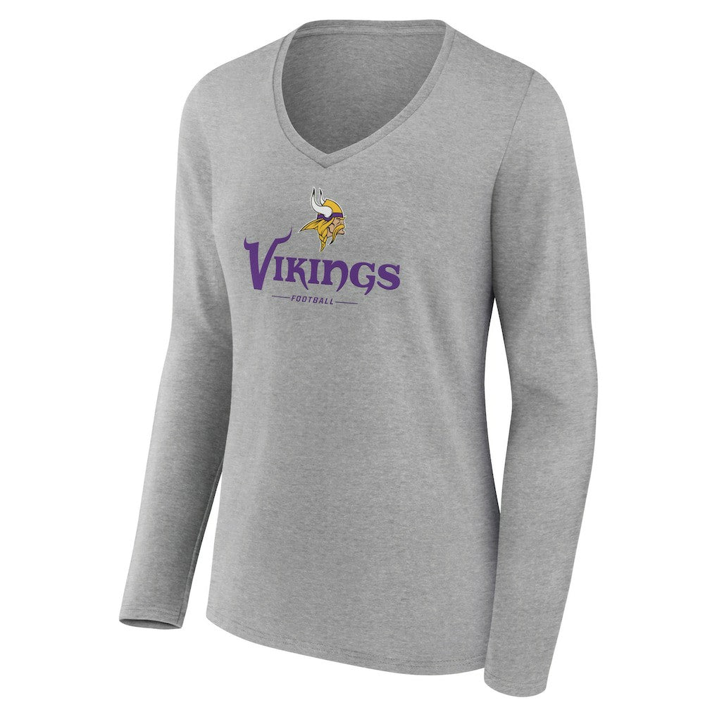Minnesota Vikings Women's Logo Team Lockup Long Sleeve V-Neck T-Shirt Heather Gray