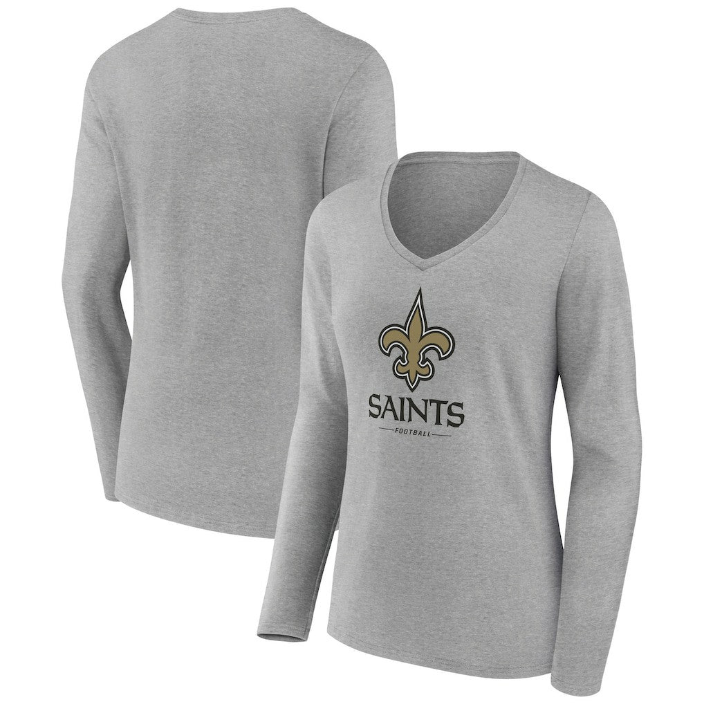 New Orleans Saints Women's Logo Team Lockup Long Sleeve V-Neck T-Shirt Heather Gray