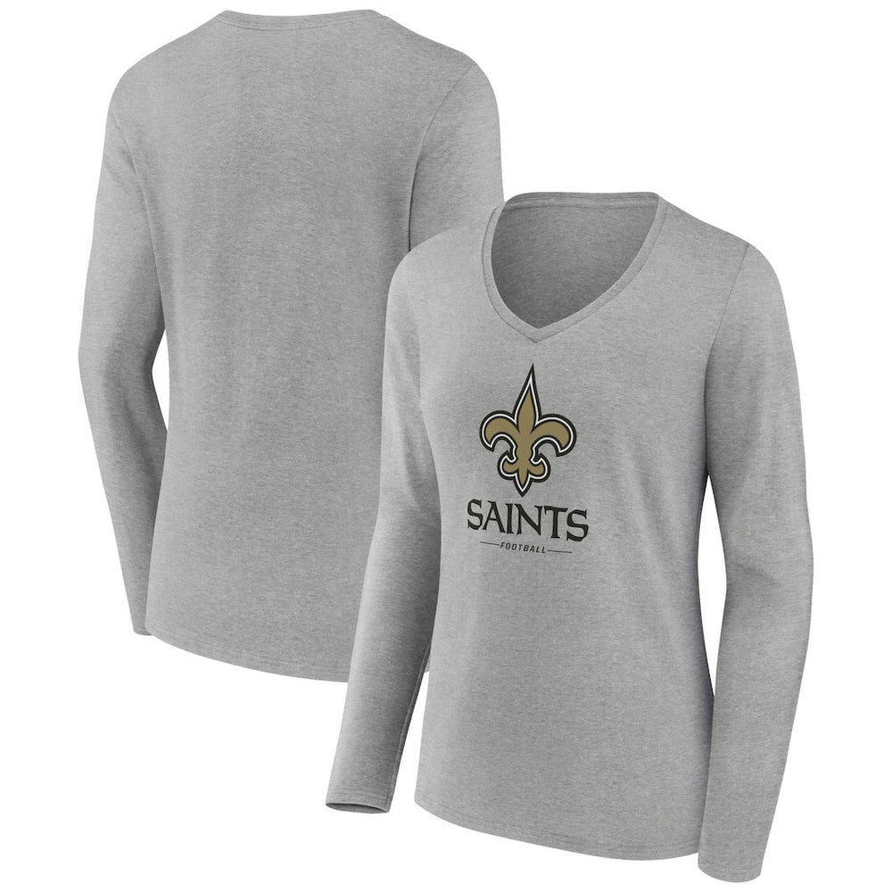 New Orleans Saints Women's Logo Team Lockup Long Sleeve V-Neck T-Shirt Heather Gray