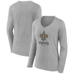 New Orleans Saints Women's Logo Team Lockup Long Sleeve V-Neck T-Shirt Heather Gray