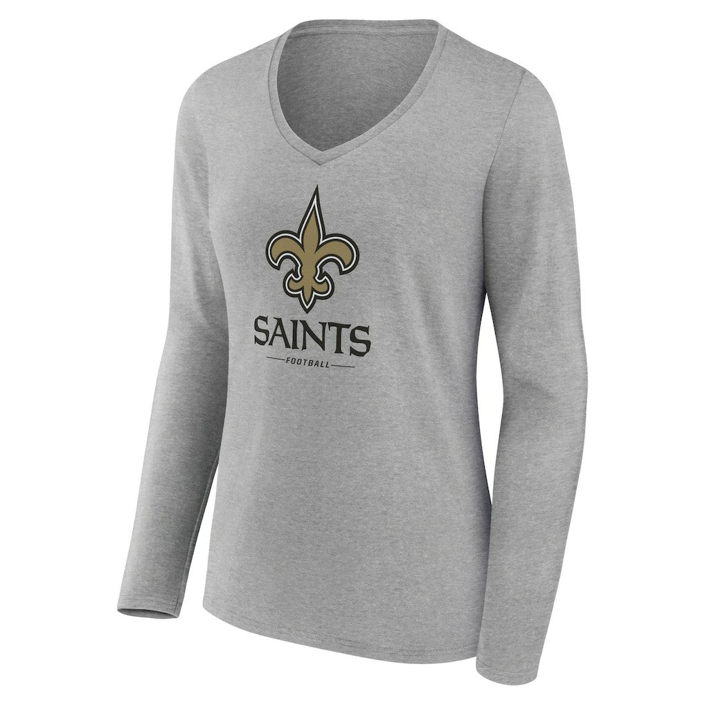 New Orleans Saints Women's Logo Team Lockup Long Sleeve V-Neck T-Shirt Heather Gray