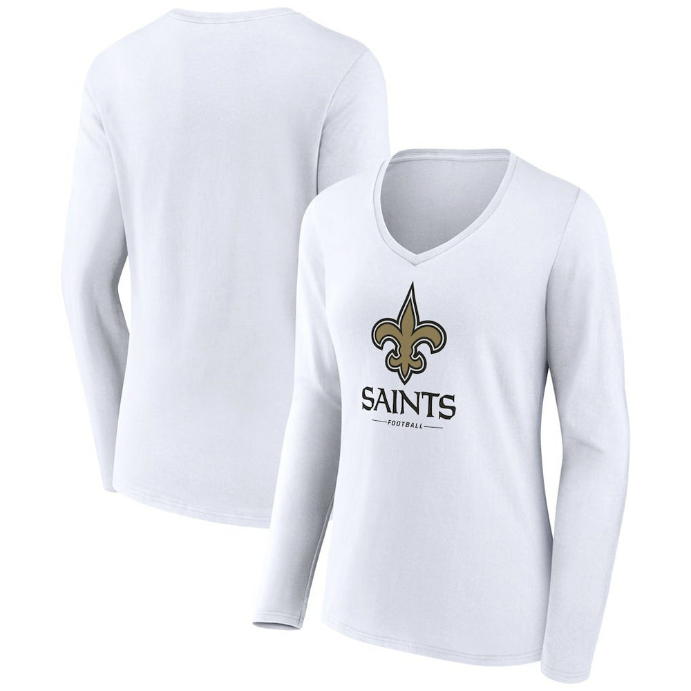 New Orleans Saints Women's Logo Team Lockup Long Sleeve V-Neck T-Shirt White