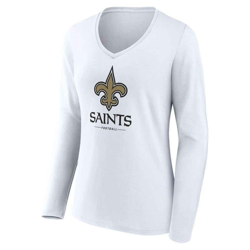 New Orleans Saints Women's Logo Team Lockup Long Sleeve V-Neck T-Shirt White