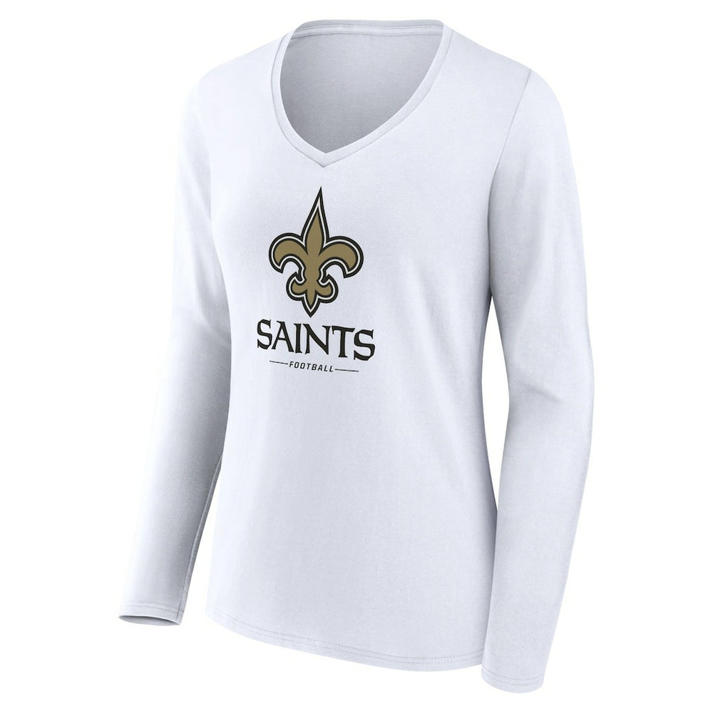 New Orleans Saints Women's Logo Team Lockup Long Sleeve V-Neck T-Shirt White