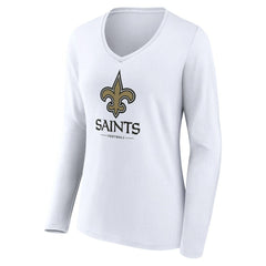 New Orleans Saints Women's Logo Team Lockup Long Sleeve V-Neck T-Shirt White