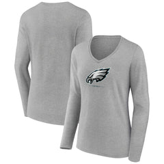 Philadelphia Eagles Women's Logo Team Lockup Long Sleeve V-Neck T-Shirt Heather Gray