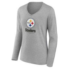 Pittsburgh Steelers Women's Logo Team Lockup Long Sleeve V-Neck T-Shirt Heather Gray
