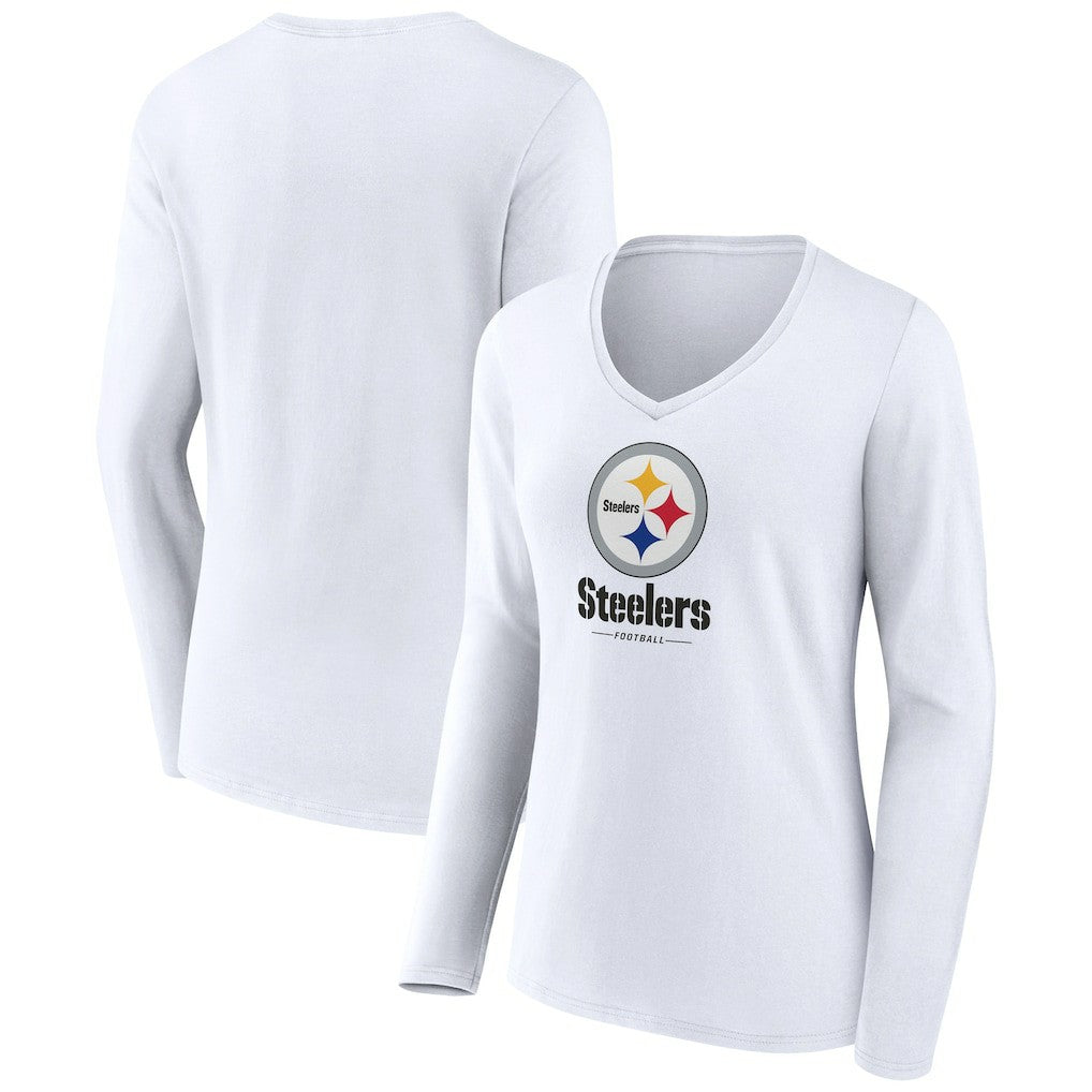 Pittsburgh Steelers Women's Logo Team Lockup Long Sleeve V-Neck T-Shirt White